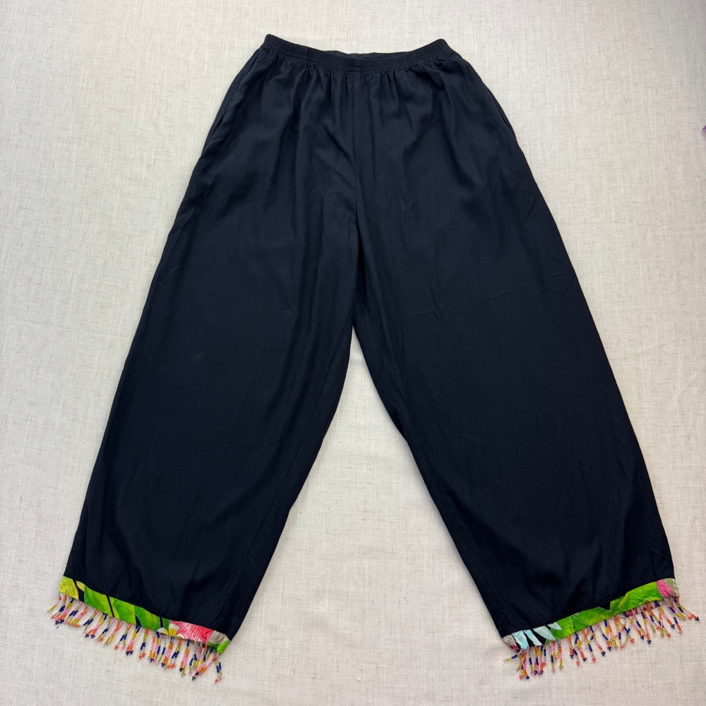 Key Lime Pie Womens Black Rayon Wide Leg Beaded Fringe Tropical Hem Pants Small